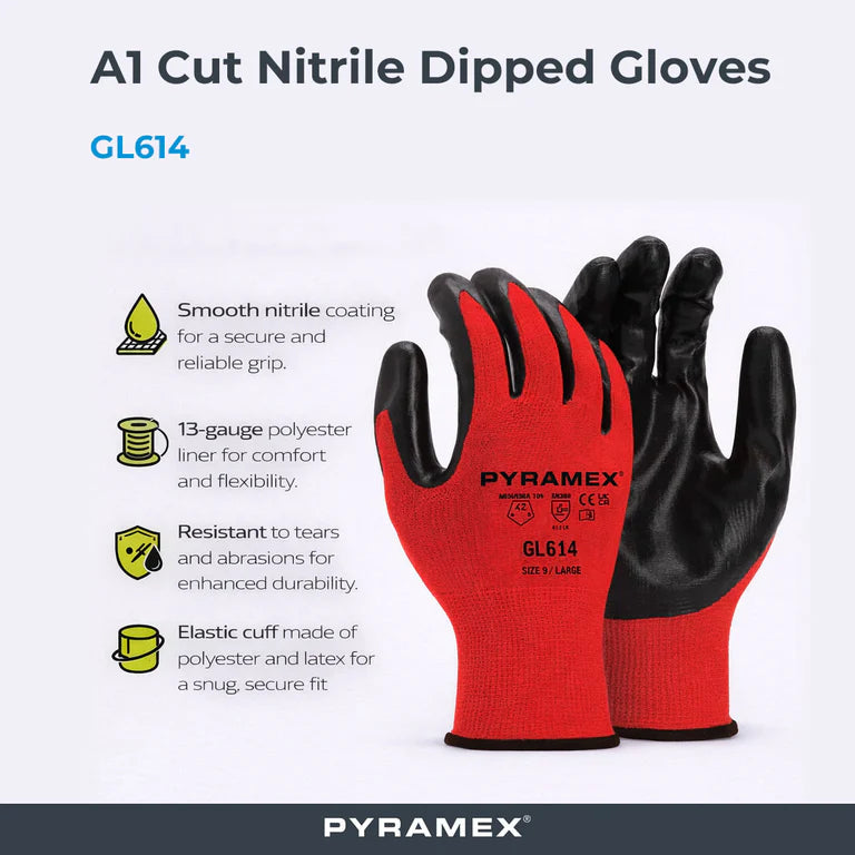 Pyramex GL614 A1 Cut Nitrile Dipped Gloves, Red