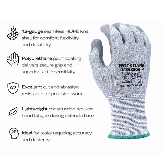 TASK CUTMAN 13G ANSI A2 Cut Resistant Polyurethane Coated Gloves, Gray, CM26230E