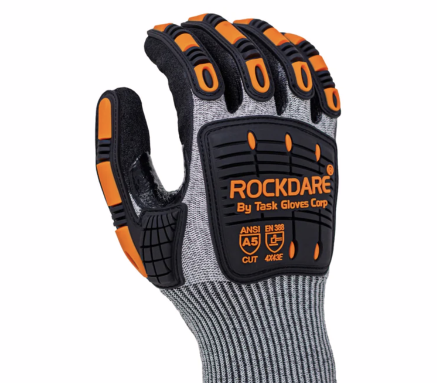 TASK ROCKDARE 13G ANSI A5 Cut Resistant Double Dipped Sandy Nitrile Coated Impact Gloves, Gray, RD1019