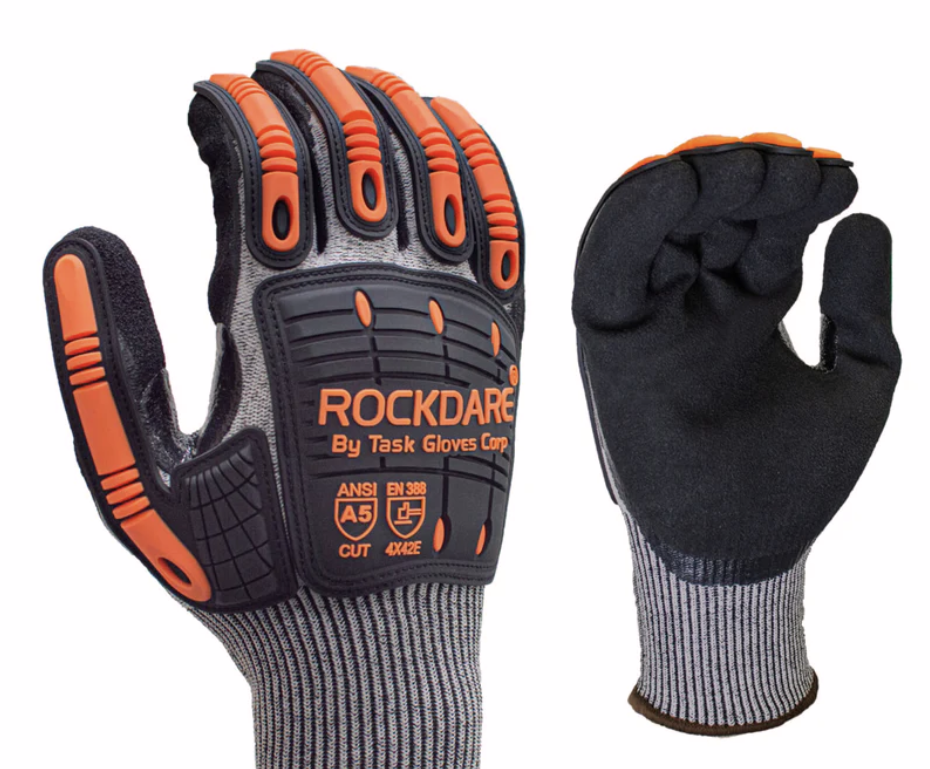 TASK ROCKDARE 13G ANSI A5 Cut Resistant Double Dipped Sandy Nitrile Coated Impact Gloves, Gray, RD1019