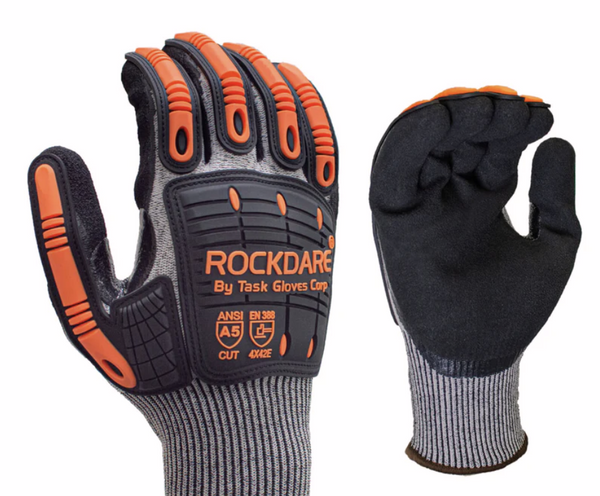 TASK ROCKDARE 13G ANSI A5 Cut Resistant Double Dipped Sandy Nitrile Coated Impact Gloves, Gray, RD1019